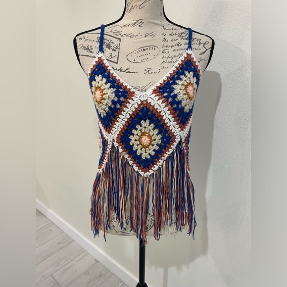 Rebellion Tops - Rebellion Blue and White Embellished Cropped Camisole